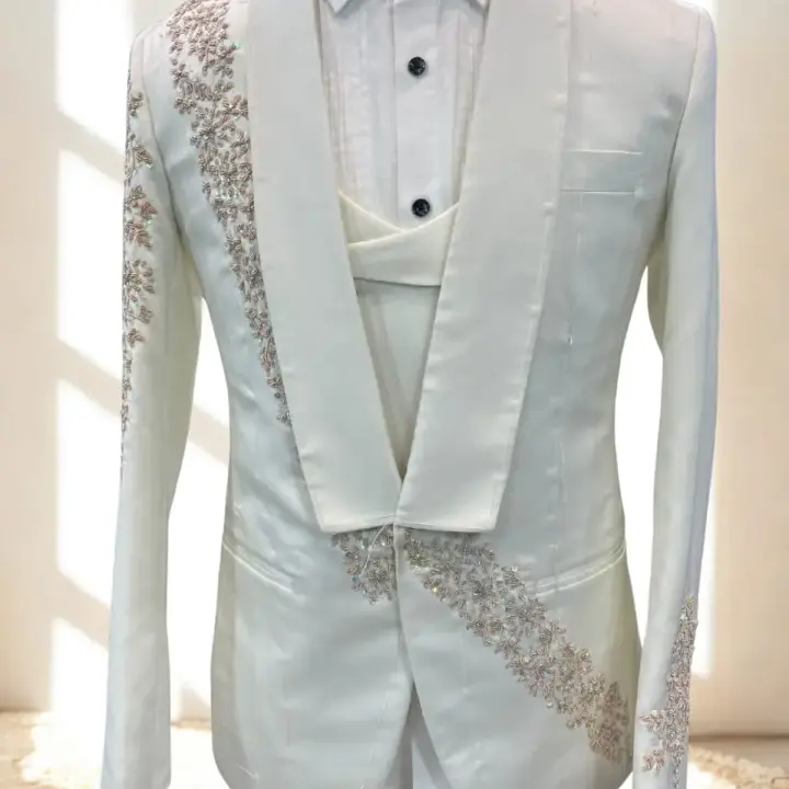 Men’s Luxury White Zardoji Worked Tuxedo Blazer